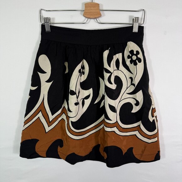 Tibi Silk Printed Lightweight Mini Skirt Black Brown M - Picture 1 of 6